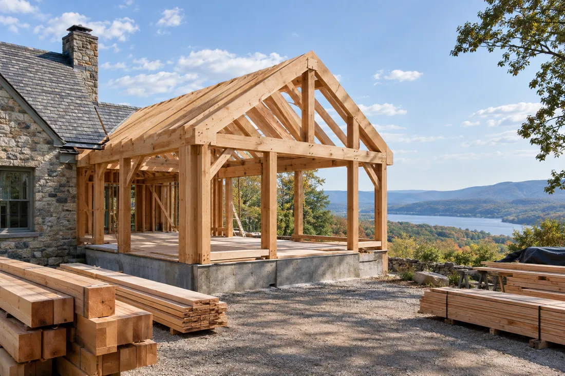 Timber frame of a new home addition under construction