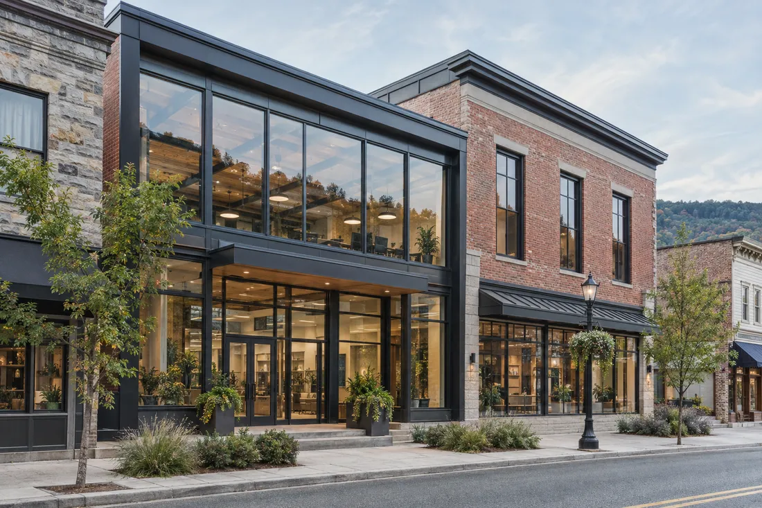 Renovated main street commercial building with a glass storefront