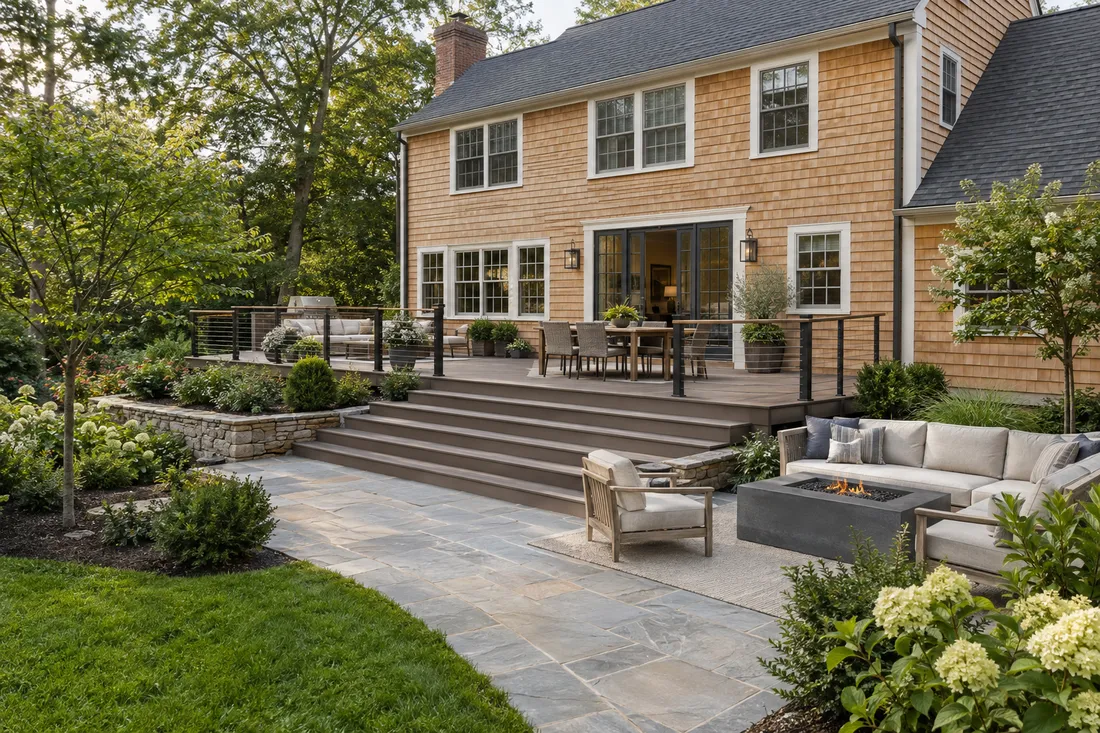 New deck and stone patio behind a renovated colonial home