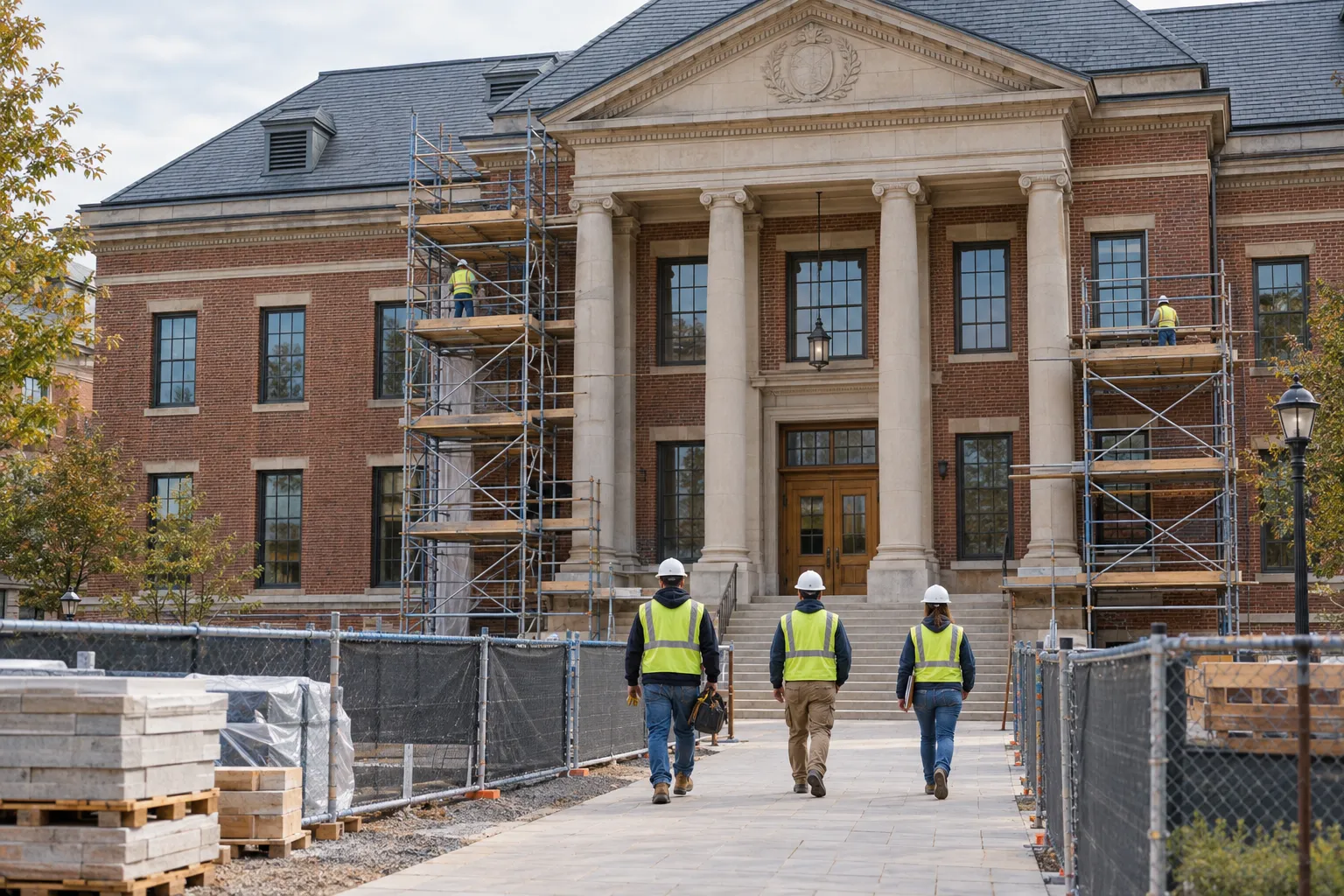 Crew in hard hats and safety vests at a brick government building renovation with scaffolding
