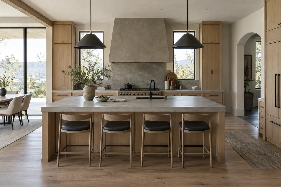 High-end kitchen remodel with white oak cabinets and a stone island